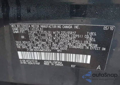 2010 Toyota Rav4 z USA, uszkodzony, nr VIN 2T3BF4DV4AW058064